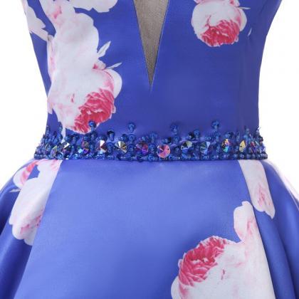 Brilliant Blue Print Homecoming Dress With Plunge..