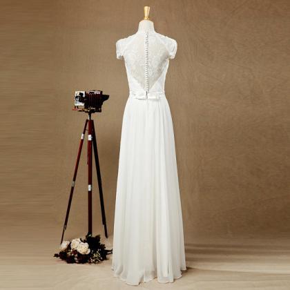 Sexy White Chiffon Cap Sleeve Formal Dresses With..
