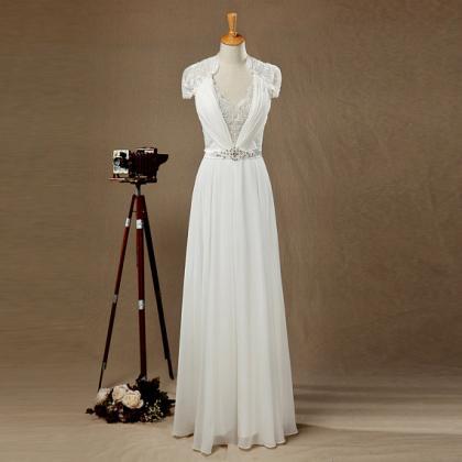 Sexy White Chiffon Cap Sleeve Formal Dresses With..