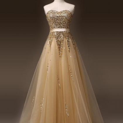Tulle Sweetheart Champagne Prom Dressses With Gold..