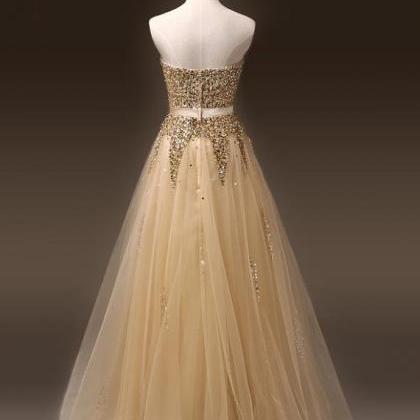 Tulle Sweetheart Champagne Prom Dressses With Gold..