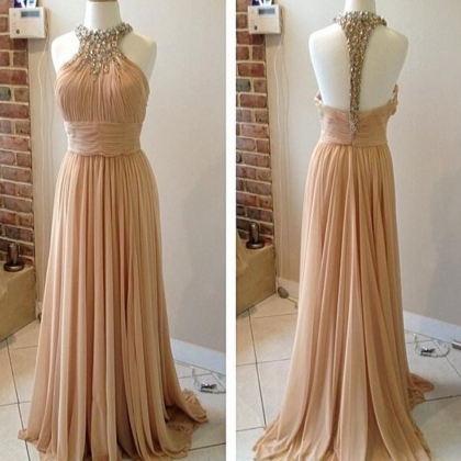 Halter Beaded Ruched A-line Long Prom Dress,..
