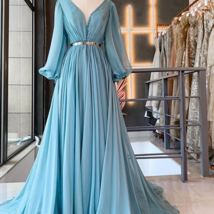 Blue Prom Dresses Long Sleeve V Neck Chiffon A..