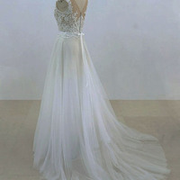Ivory Tulle Scoop Neck Long See Through Lace..