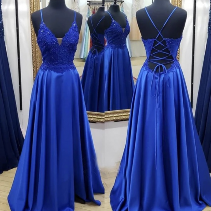Royal Blue Satin Lace Long A Line Prom Dress,..