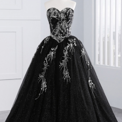 Princess Black Tulle Long Prom Gown, Strapless..