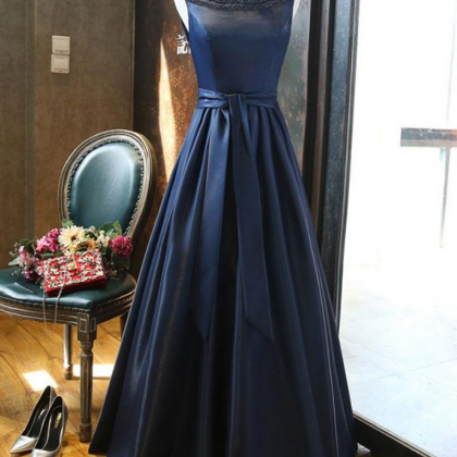 Dark Blue Satin Beading Long Prom Dress, Dark Blue..