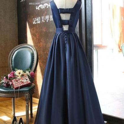 Dark Blue Satin Beading Long Prom Dress, Dark Blue..