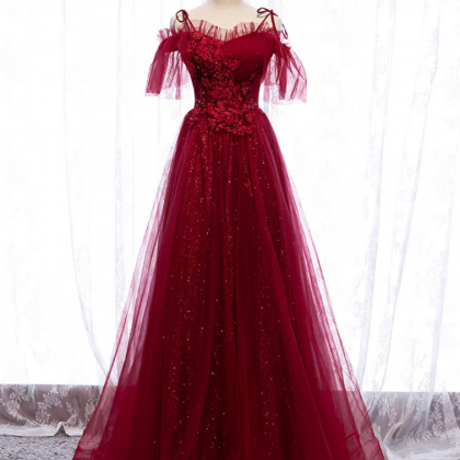 Burgundy Sweetheart Tulle Lace Long Prom Dress..