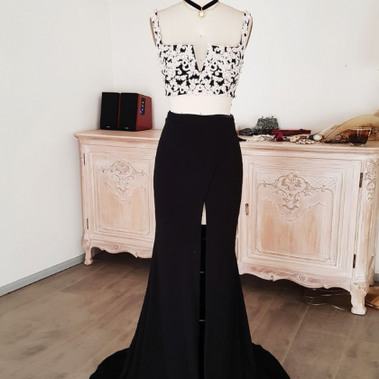Black Lace Two Pieces Long Prom Dress Black..
