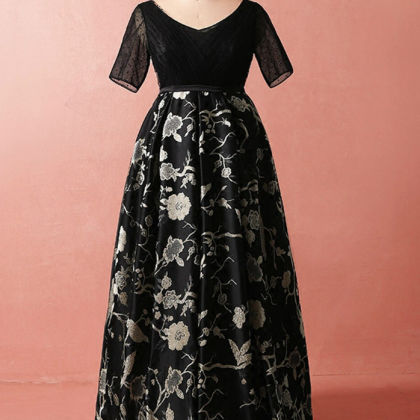 Black Print High Waist Short Sleeve Prom Dress