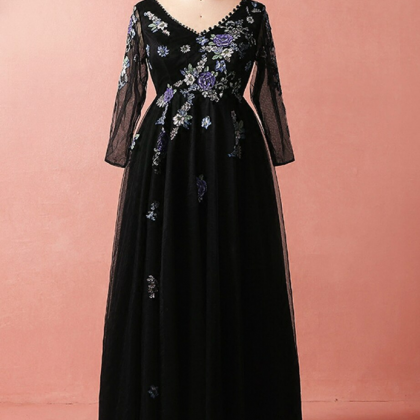 Black Tulle Embroidery Long Sleeve V-neck Prom..
