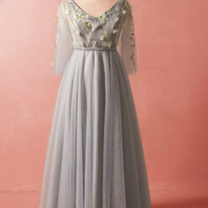 V-neck Long Sleeve Tulle Floor Length Prom Dress