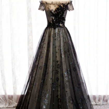 A-line Tulle Sequins Off The Shoulder Long Prom..