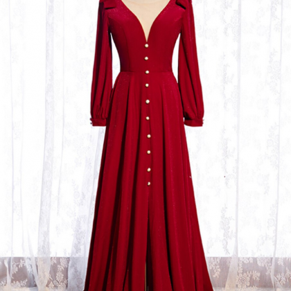 A-line Burgundy Velvet Long Sleeve Prom Dress With..