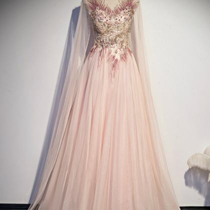 Tulle Long Sleeve Appliques Beading Prom Dress