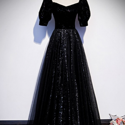 Black Tulle Sequins Square Short Sleeve Prom Dress