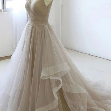 V-neckline Tulle Simple Wedding Party Dress, Long..