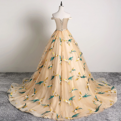 Unique Embroidery Off Shoulder Long Prom Dress..