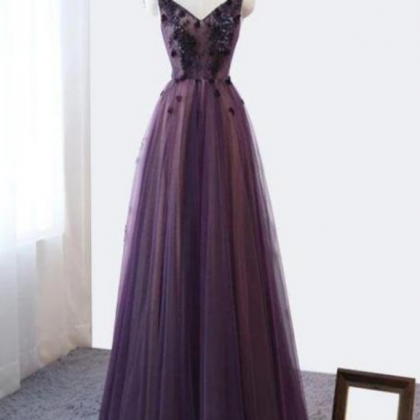 V-neckline Tulle Lace Applique Party Dress, Formal..