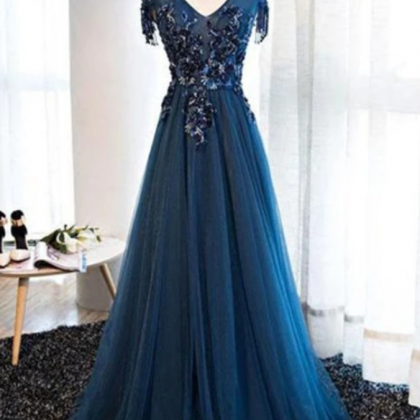 Tulle Long V Neck Cap Sleeve Evening Dress With..