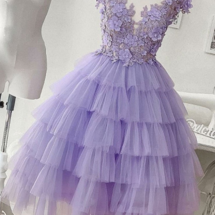 Purple Tulle Short Prom Dress, Purple Evening..