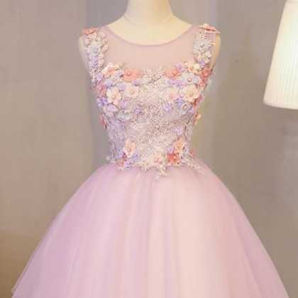 Cute Pink Round Neckline Tulle Homecoming Dress..