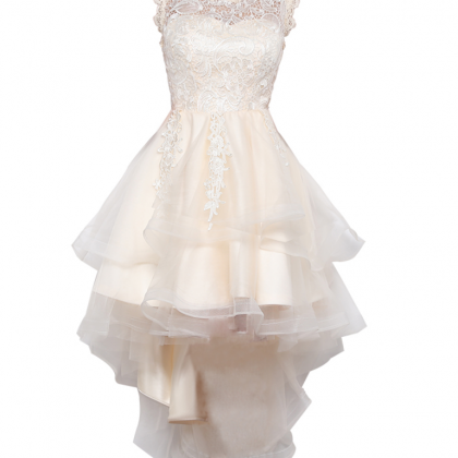 Champagne High Low Round Lace And Tulle Formal..