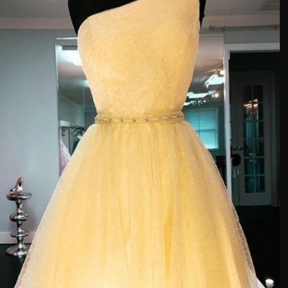 Shiny One Shoulder Yellow Short Homecoming Dress..