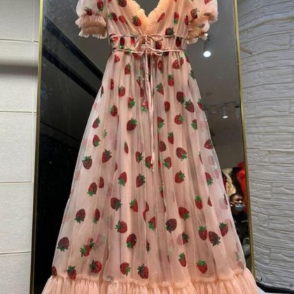 Sexy V-neck Belted Strawberry Long Prom Dress