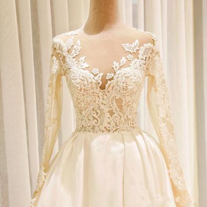 Satin Long Sleeves Wedding Dresses Lace Appliques..