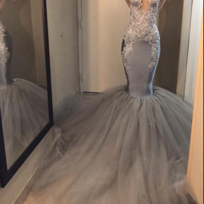 Gray Mermaid Long Prom Dresses 2020 High Neck Long..