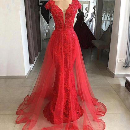 African Red Full Lace Mermaid Prom Evening Dresses..