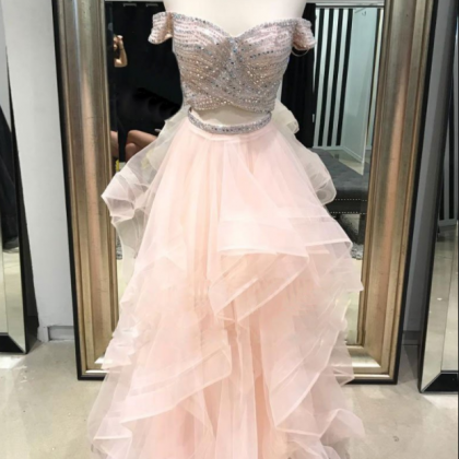Pink Off Shoulder Two Pieces Beaded Prom..