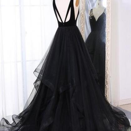 Simple Black Tulle V Neck Long Prom Dress, Black..