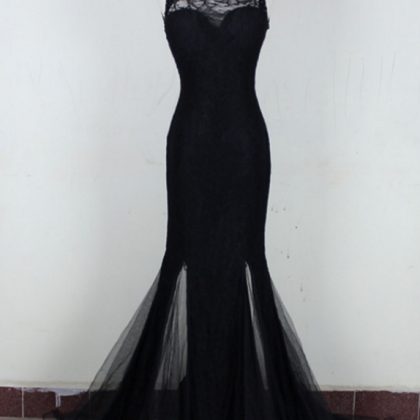 Black Evening Dress, Sexy Sleeve Tulle Mermaid..