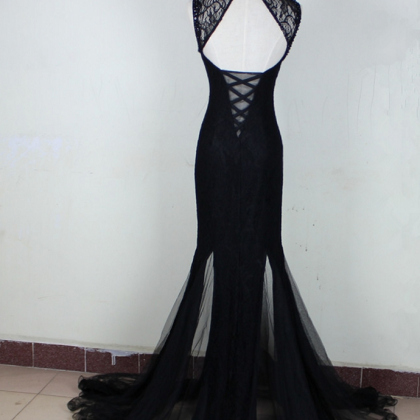 Black Evening Dress, Sexy Sleeve Tulle Mermaid..