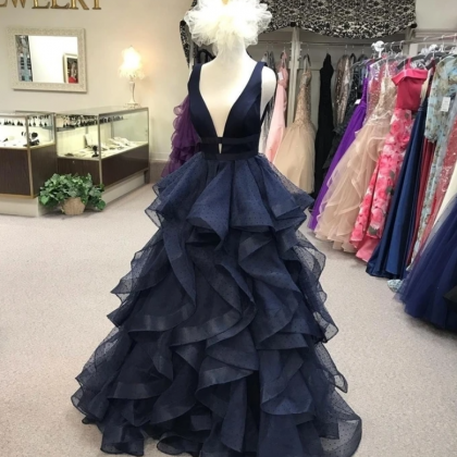 Navy Prom Dress,tulle Prom Gown,v-neck Evening..