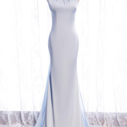Light Blue Long Mermaid Backless Elegant Prom..