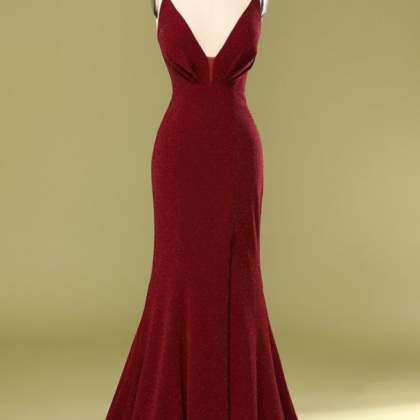Burgundy V-neck Evening Dress， Mermaid Prom..