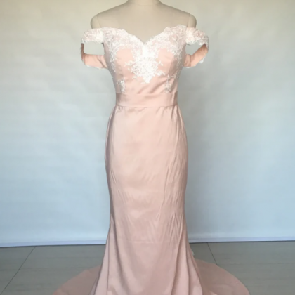 Off Shoulder Ivory Lace Pearl Pink Satin Long..