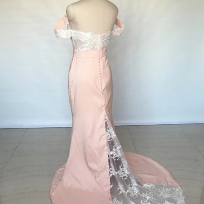 Off Shoulder Ivory Lace Pearl Pink Satin Long..