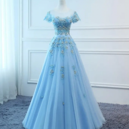 Prom Dresses Long Blue Evening Dresses Foral Tulle..