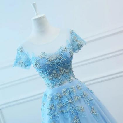 Prom Dresses Long Blue Evening Dresses Foral Tulle..