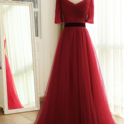Simple Burgundy Tulle Prom Dress, A-line Evening..