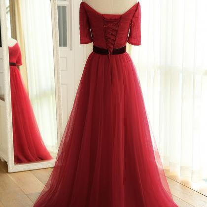 Simple Burgundy Tulle Prom Dress, A-line Evening..
