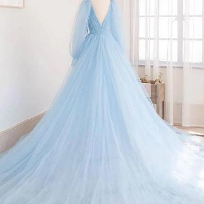 Blue V Neck Tulle Long Prom Dress Blue Tulle..