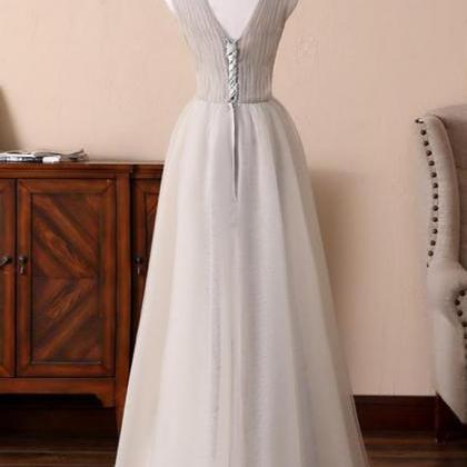 Gray Tulle Long V-neck Evening Dress, Lace Formal..
