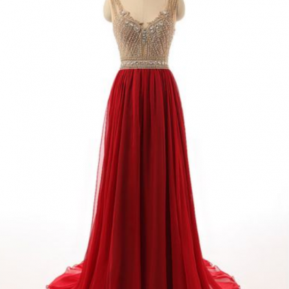 Elegant V Neck Red Beaded Bridesmaid Dresses, Red..