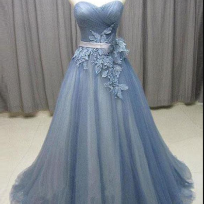 Real Picture A Line Dusty Blue Tulle Appliques..